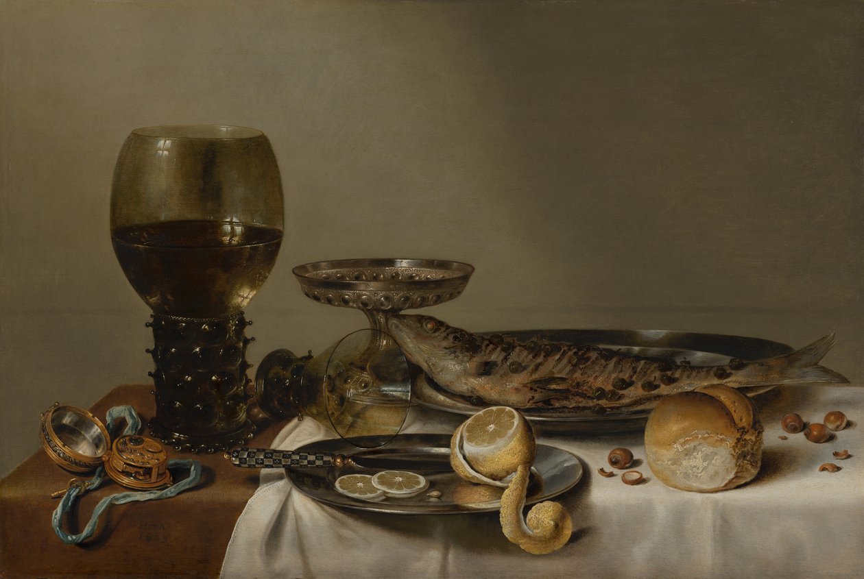 Stillleben mit einem Römer und Uhr von Willem Claesz. Heda