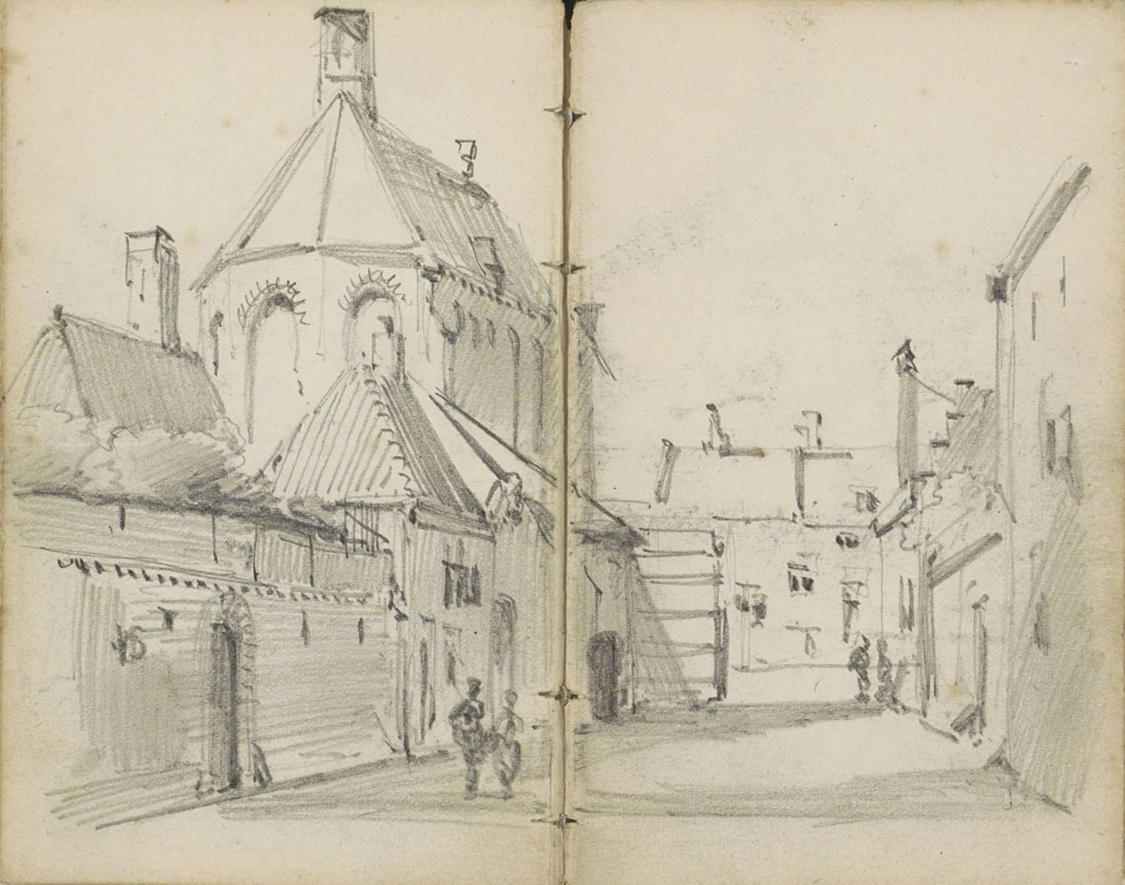 Dorfstraße mit einer Kirche und Figuren von Willem Koekkoek
