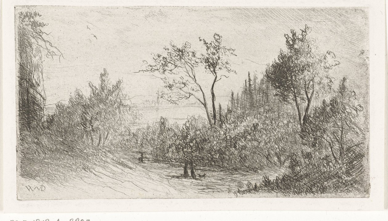 Hügellandschaft mit Spaziergängern und Hund am Waldrand von Willem Matthias Jan van Dielen