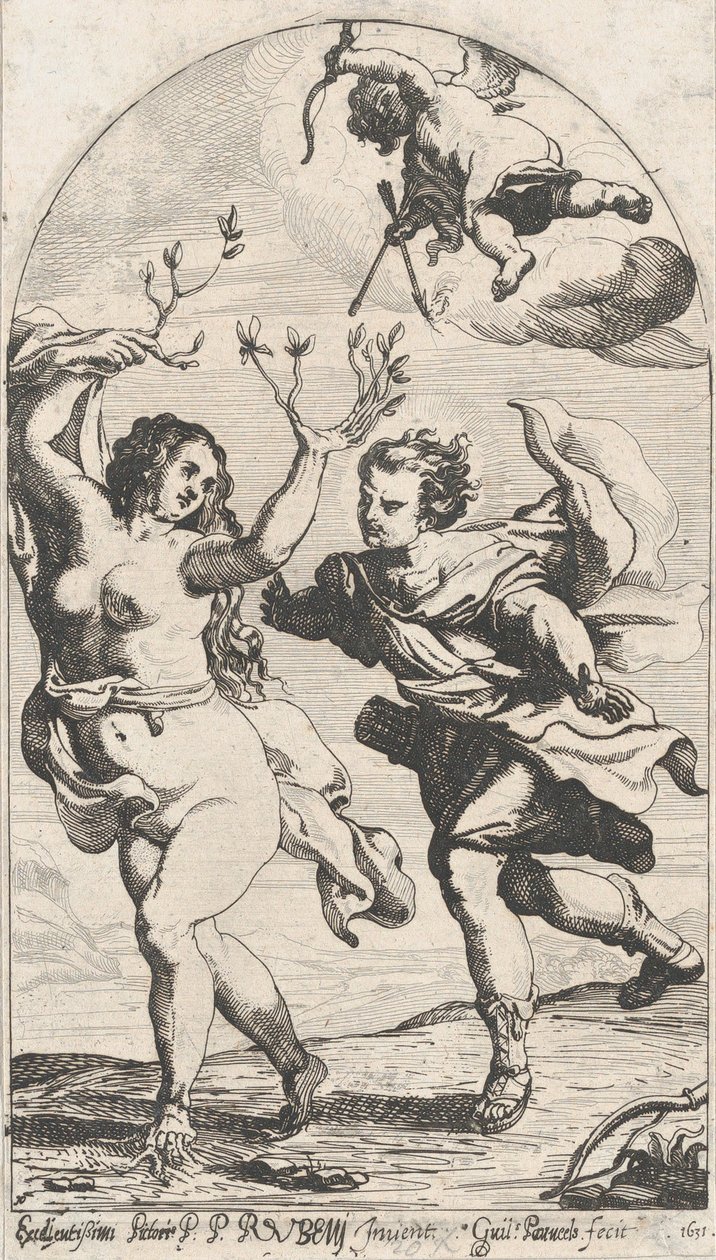 Daphne flieht vor Apollo, mit Amor darüber von Willem Panneels