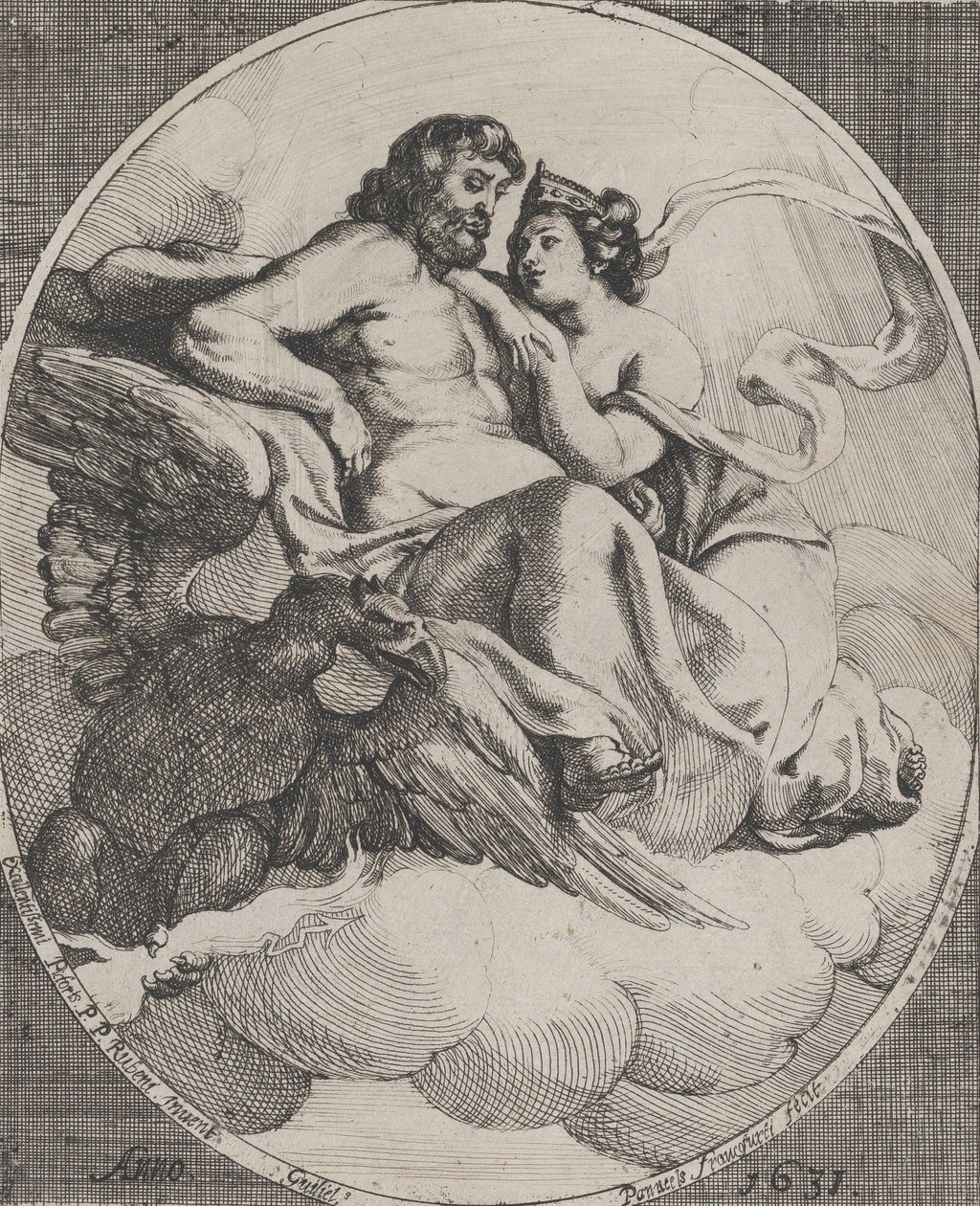 Jupiter und Juno auf Wolken sitzend, mit einem Adler, der links unten Blitze hält, 1631 von Willem Panneels