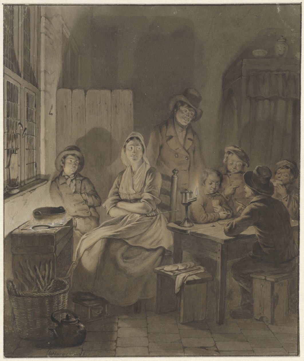 Interieur mit Gruppe von Menschen um einen Tisch bei Kerzenlicht von Willem Pieter Hoevenaar