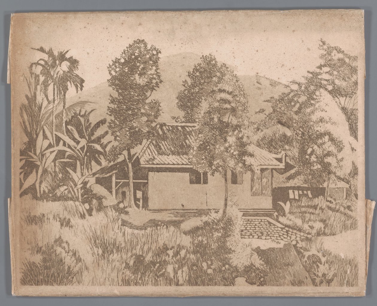 Haus mit dem Vulkan Salak(?) im Hintergrund, Buitenzorg von Willem Arnoldus Witsen