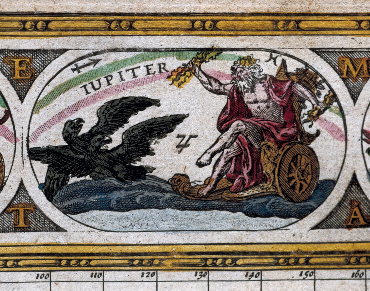 Darstellung des Gottes Jupiter, der in seinem Wagen gegen schwarze Adler kämpft (Gravur) in "Le Theatre du Monde" von Willem and Joan  Blaeu