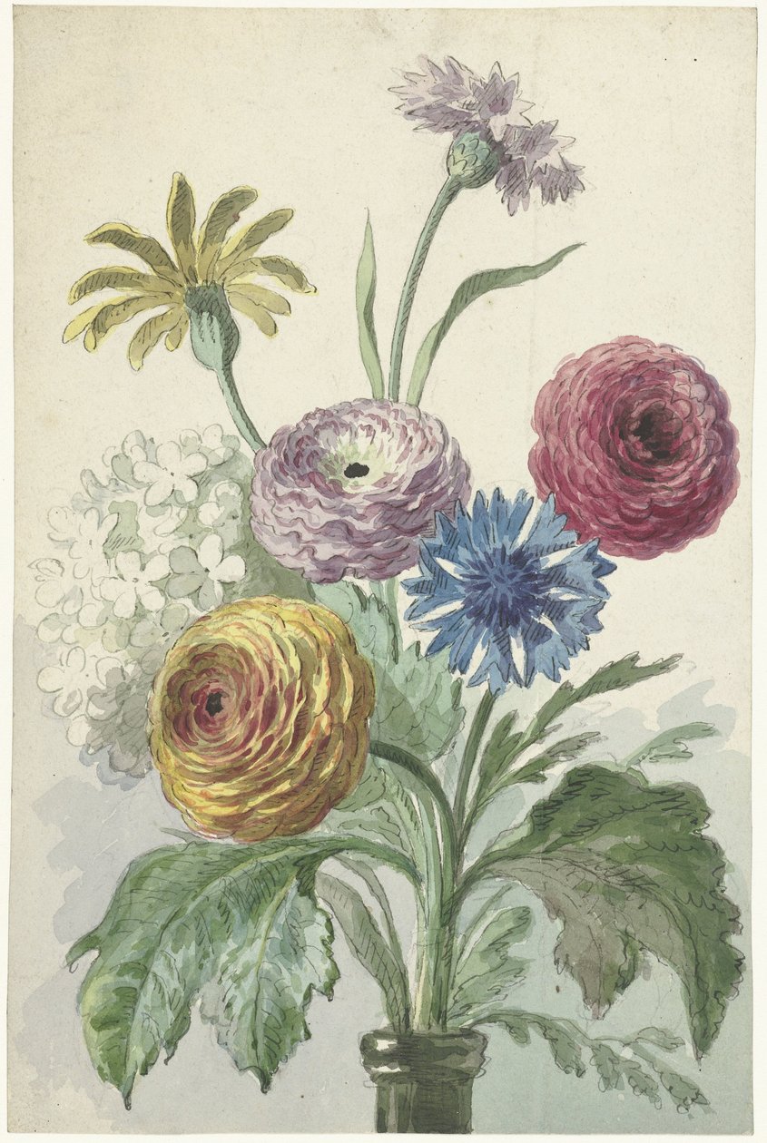 Blumenstrauß im Hals einer grünen Vase von Willem van Leen