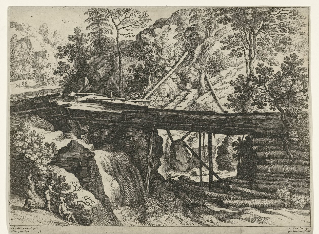 Berglandschaft mit hölzernem Aquädukt von Willem van Nieulandt (II)