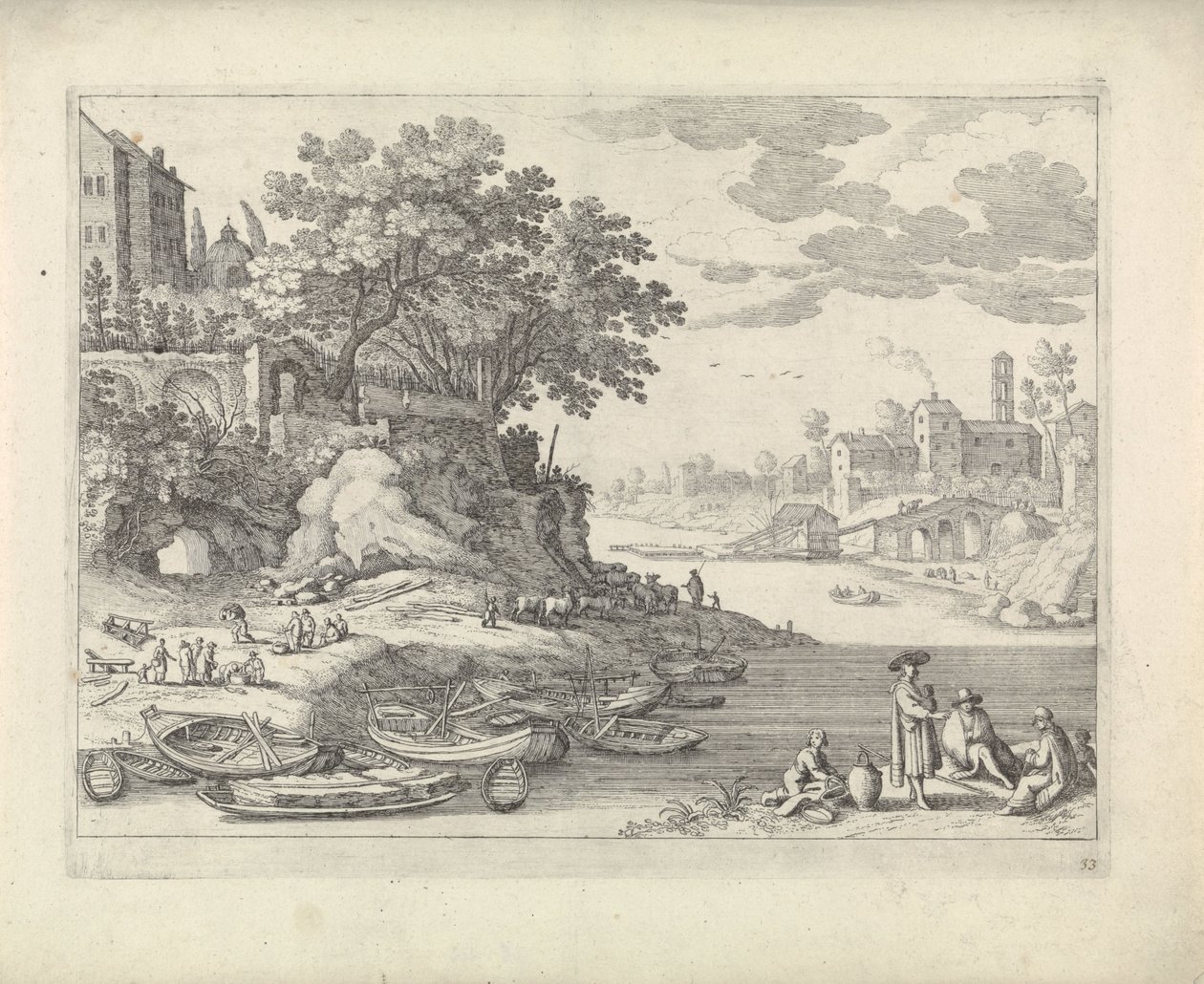 Hafen mit Ruderbooten, Figuren und Vieh von Willem van Nieulandt (II)