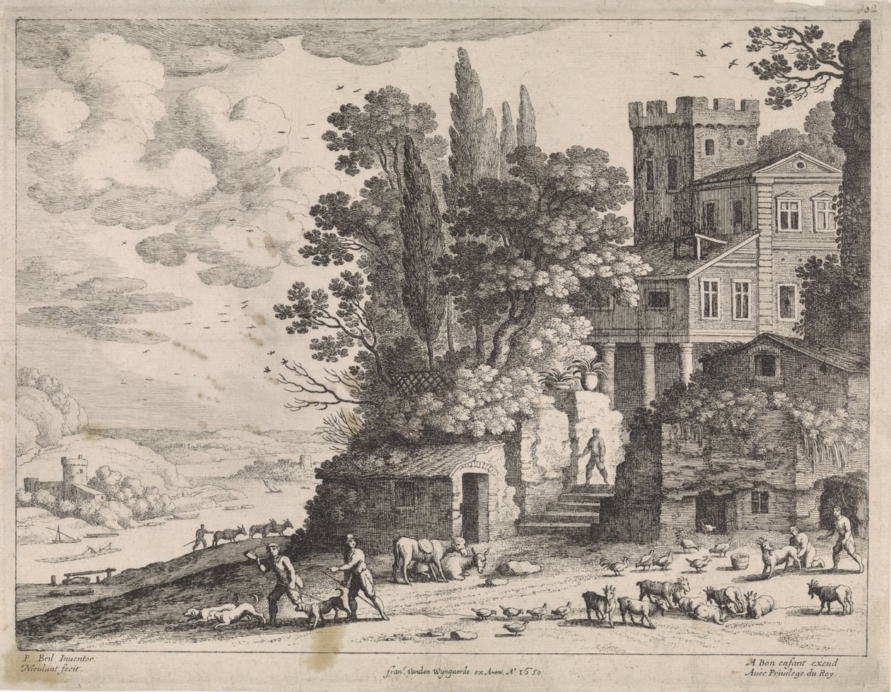 Landschaft mit einem Haus, Figuren und Vieh von Willem van Nieulandt (II)