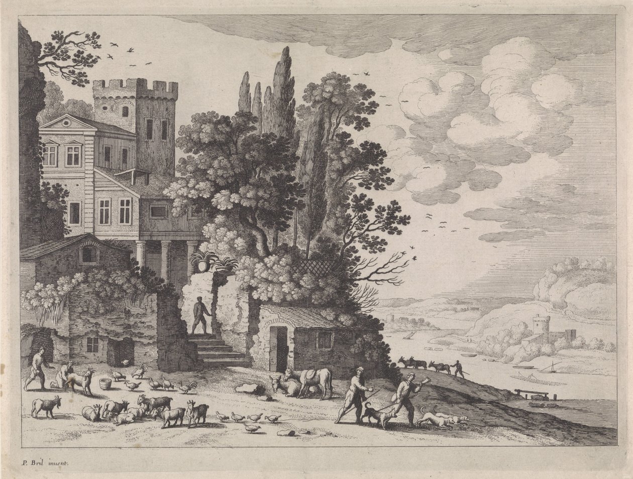 Landschaft mit einem Haus, Figuren und Vieh von Willem van Nieulandt (II)
