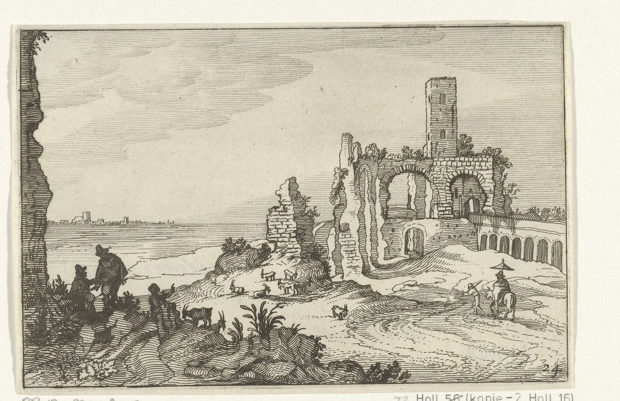 Ruine mit Bögen und einem Turm am Wasser von Willem van Nieulandt (II)