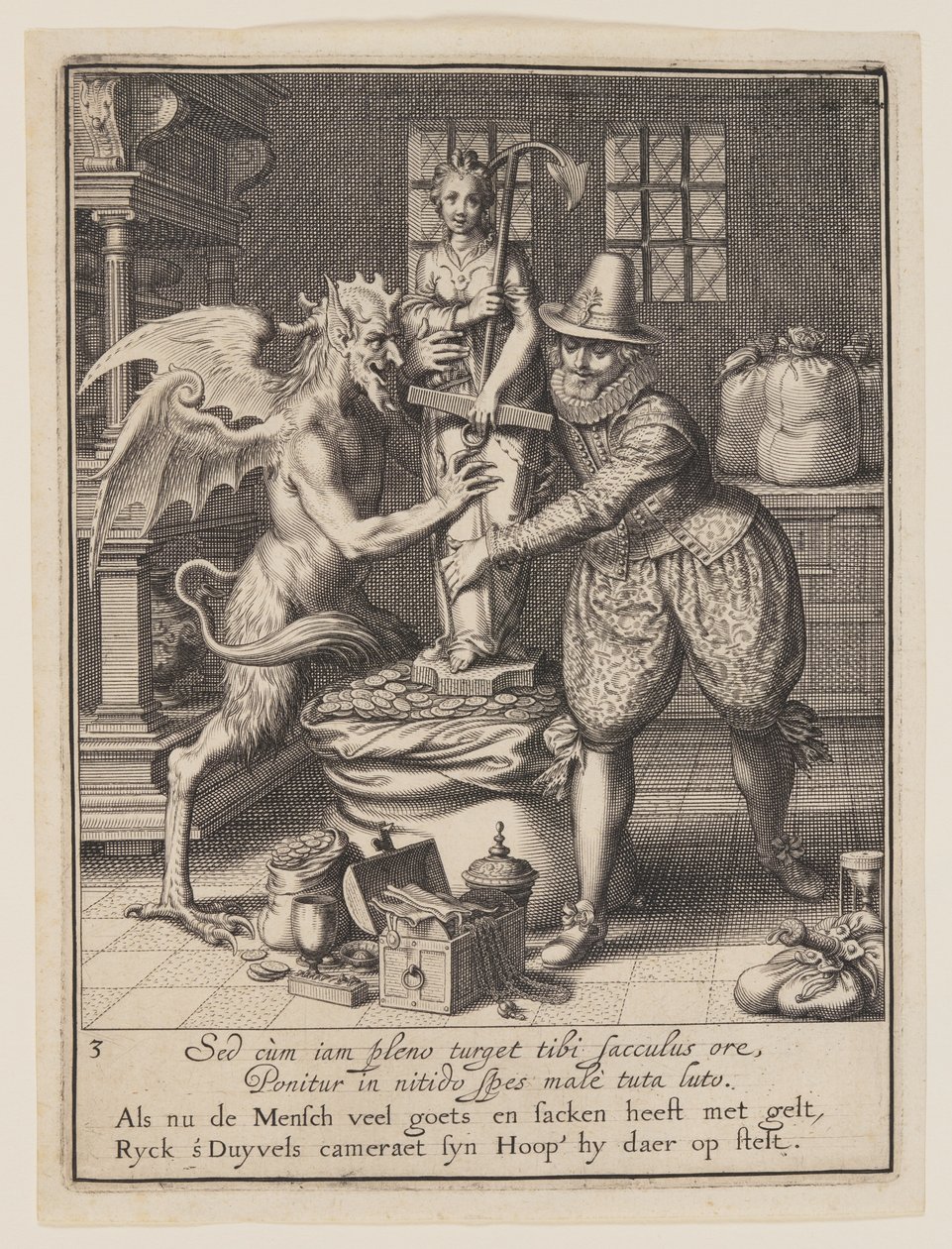 Ein Mann und der Teufel füllen einen Sack mit Geld und errichten eine Statue der Hoffnung, aus Allegorie des Missbrauchs weltlichen Eigentums von Willem van Swanenburgh