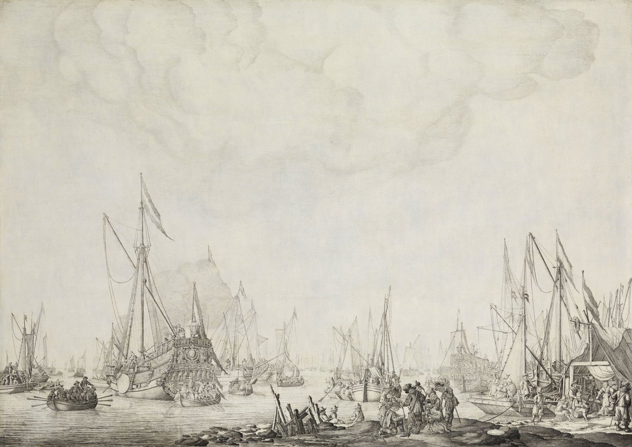 Die königlichen und staatlichen Yachten, möglicherweise die Ankunft von Karl II. von England in Moerdijk, 1660 von Willem van de Velde (I)