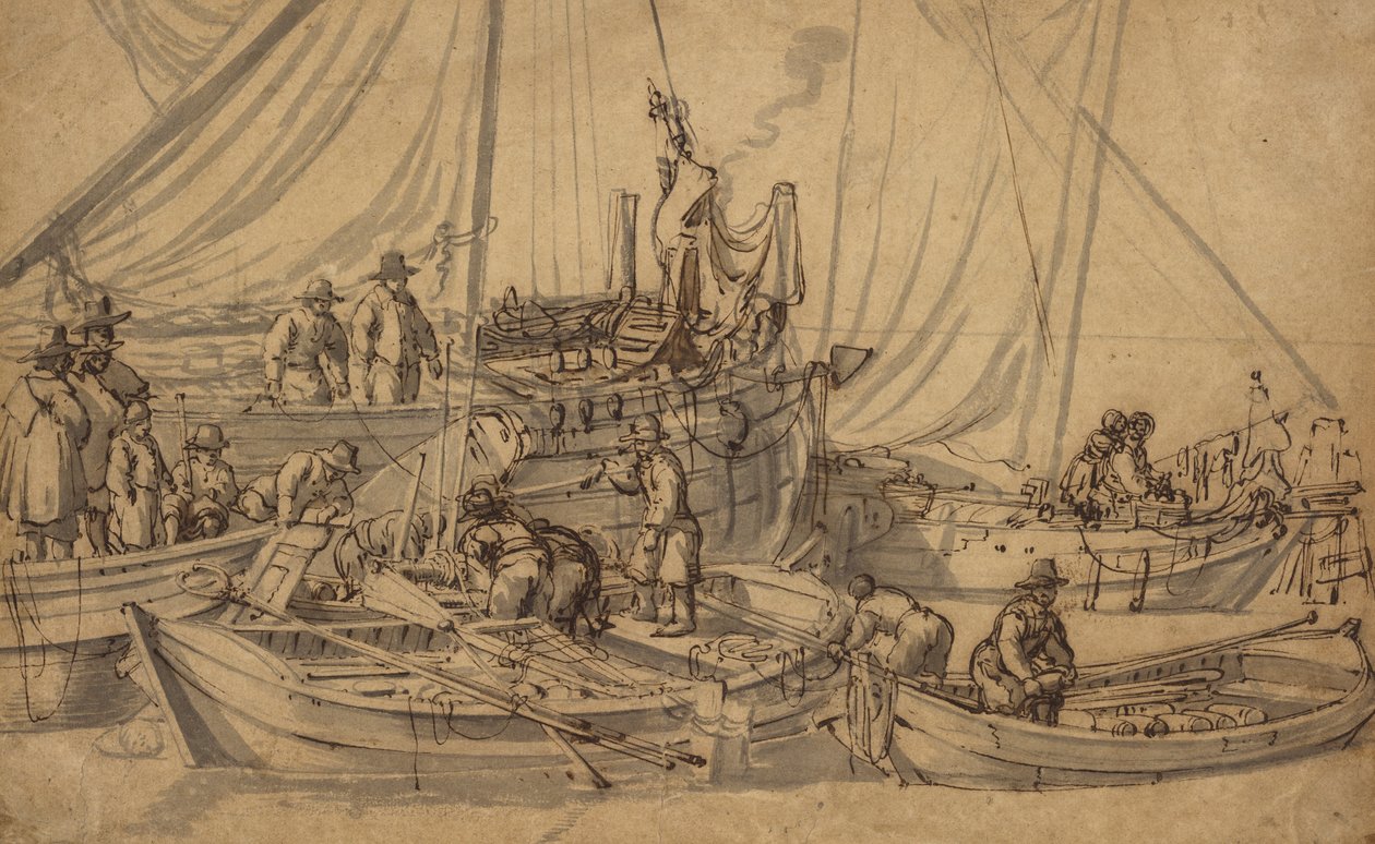 Figuren an Bord kleiner Handelsschiffe, ca. 1650-5 von Willem van de Velde