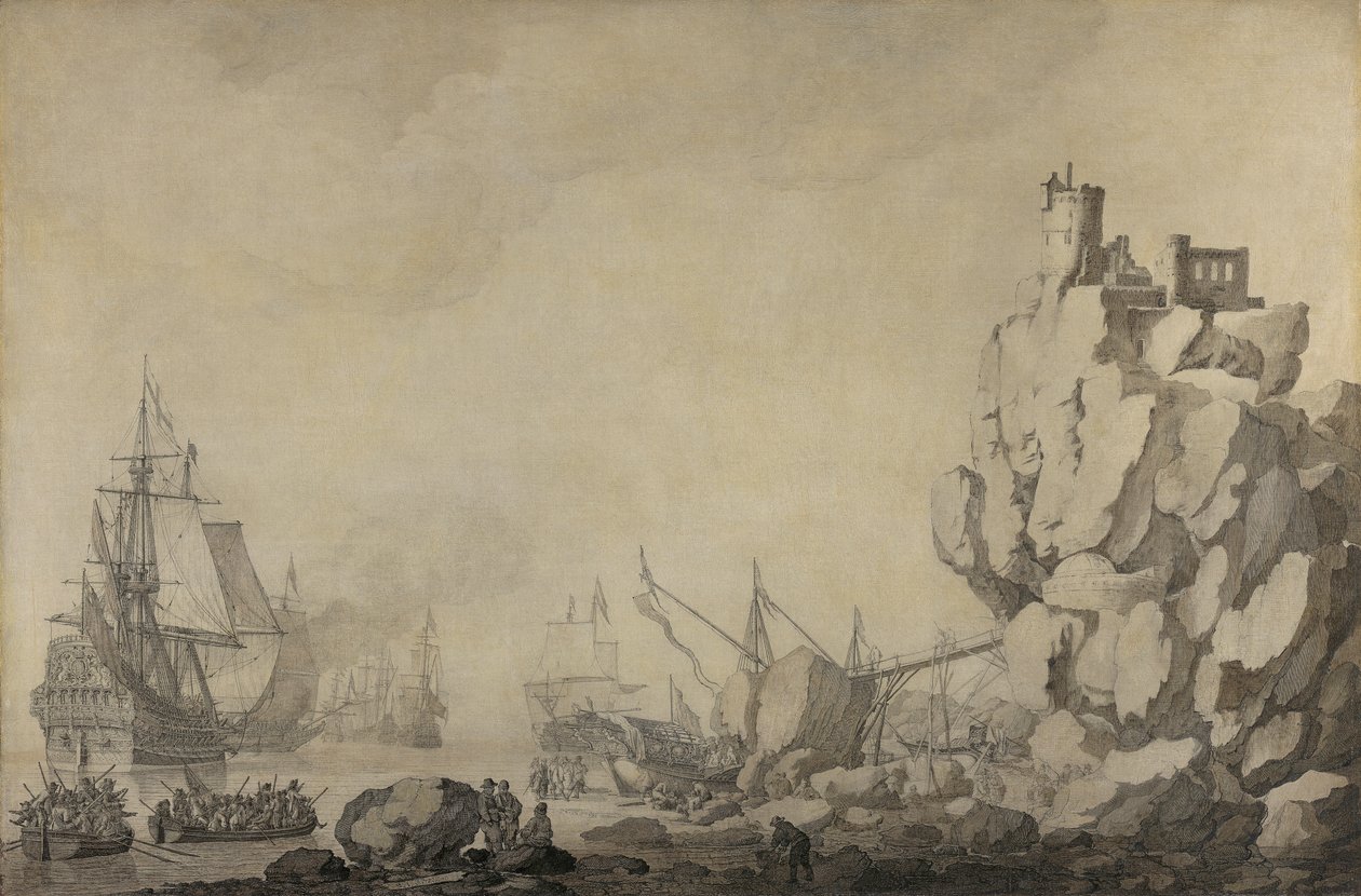 Schiffe und Miliz an einer felsigen Küste von Willem van de Velde the Elder