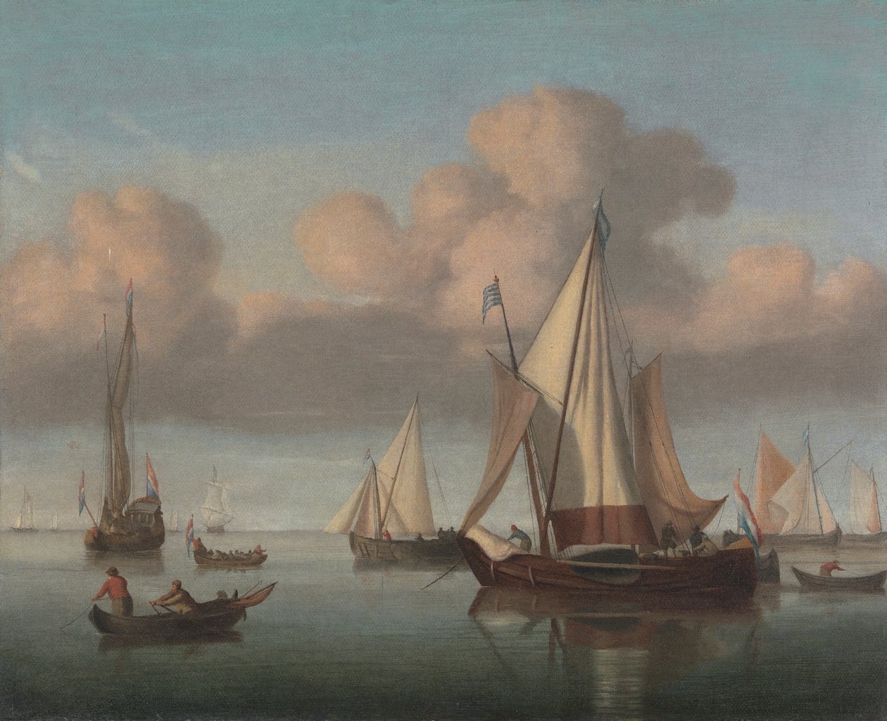 Eine Kaag vor Anker mit gehissten Segeln und eine Staatsyacht und andere Schiffe von Willem van de Velde the Younger