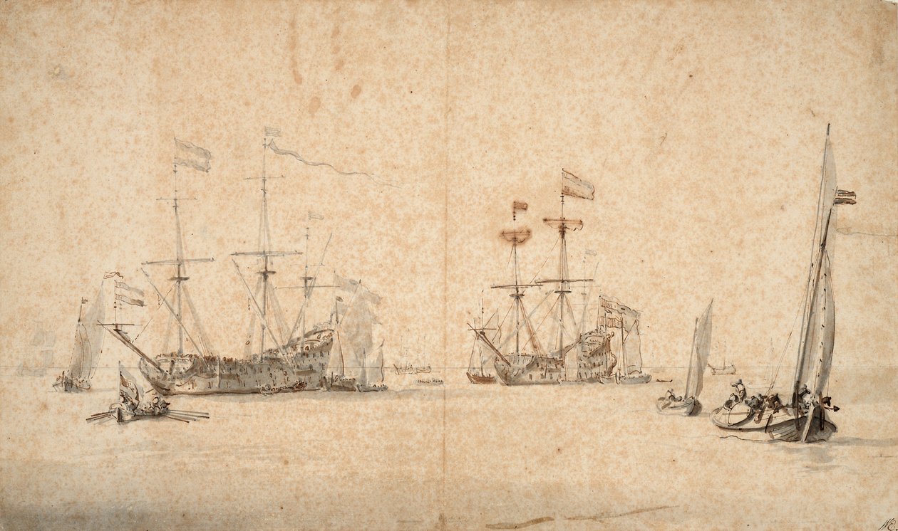 Eine Kaag läuft frei und zwei niederländische Flaggschiffe vor Anker, um 1665 von Willem van de Velde the Younger