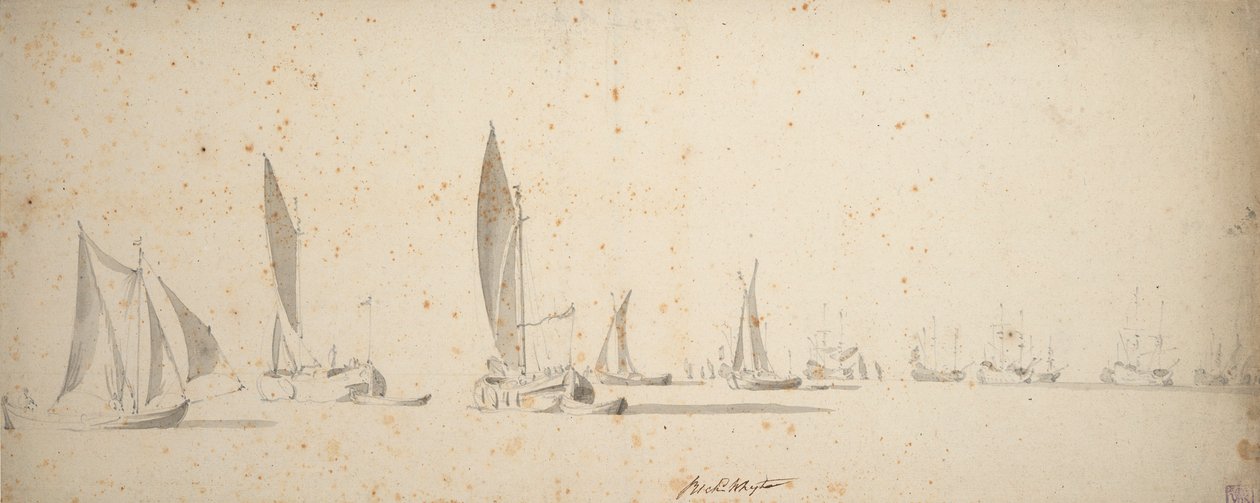 Eine Tochtschuit, Wijdschips und Waterschips bei leichtem Wind, ca. 1664 von Willem van de the Elder Velde