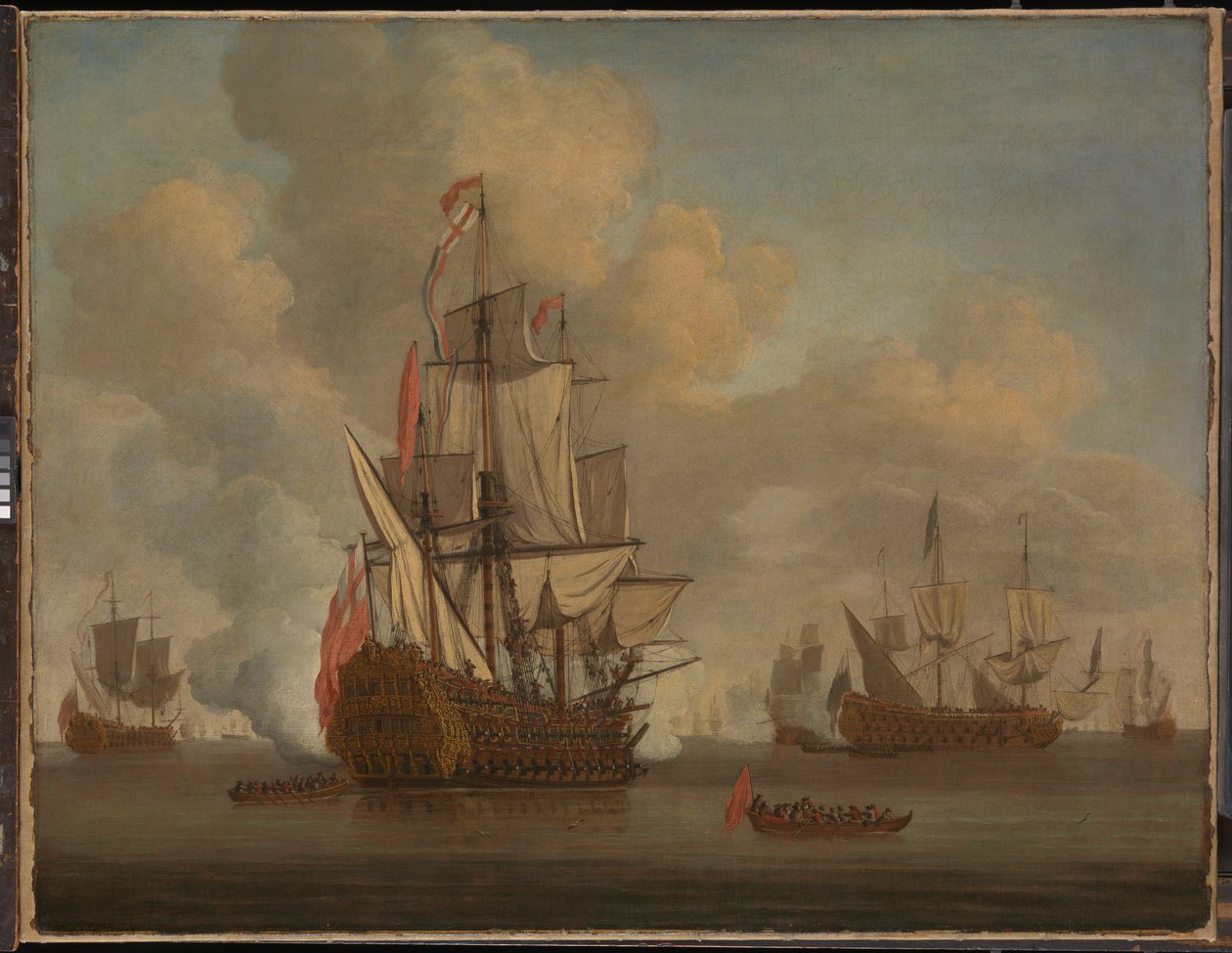Ruhe: ein englischer Zweidecker mit gelösten Segeln feuert einen Salut von Willem van de the Elder Velde