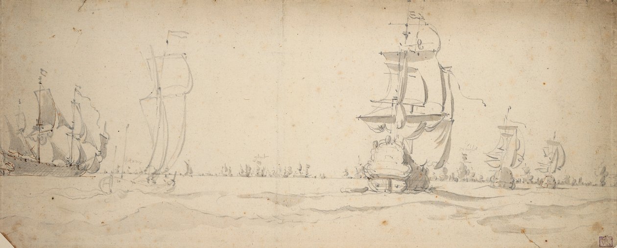 Niederländische Schiffe laufen auf die Hauptflotte zu, Mai? 1672, ca. 1672 (Graphit, Grauwaschung) von Willem van de the Elder Velde