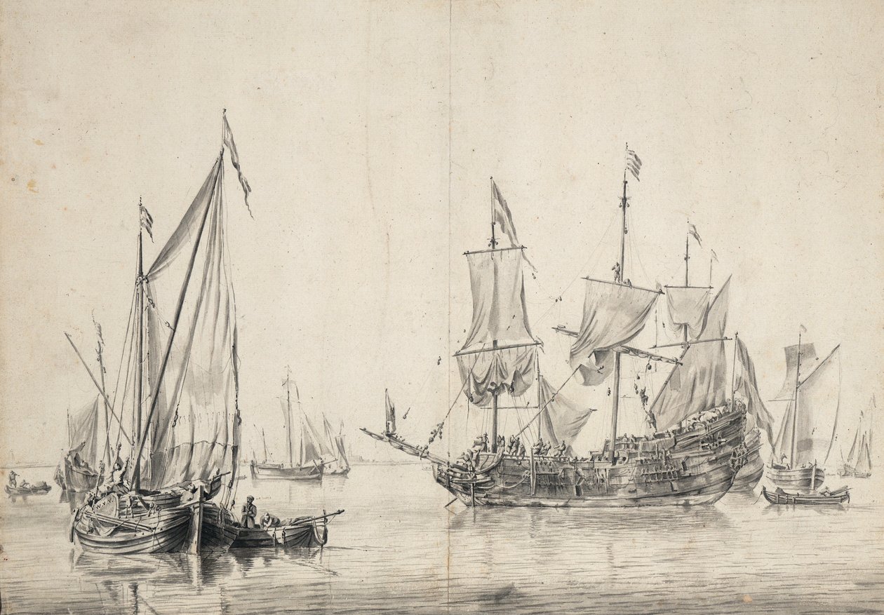 Segelboote und eine niederländische Fregatte, die ihre Segel trocknet. Zeichnung und Waschung (26x37 cm) von William van de Velde l