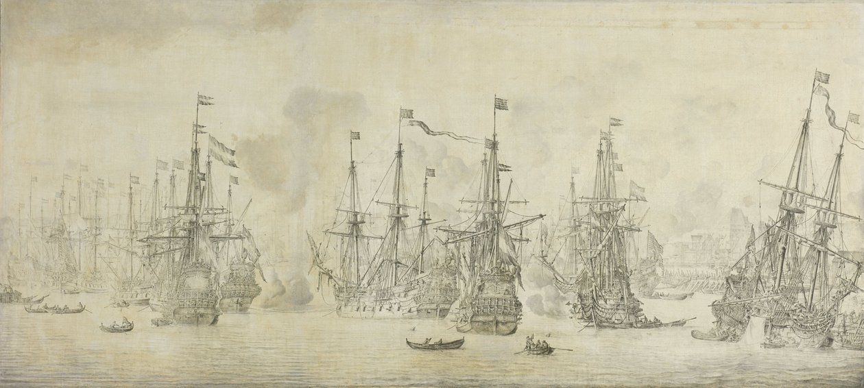 Der gescheiterte Angriff der Engländer auf die Rückkehrflotte im Hafen von Bergen von Willem van de the Elder Velde