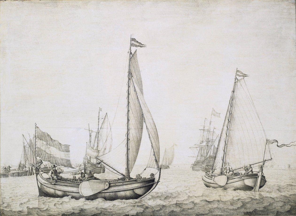Zwei niederländische Schiffe beim Auslaufen, wahrscheinlich im Hafen von Amsterdam (Holland), um 1660 von Willem van de the Elder Velde