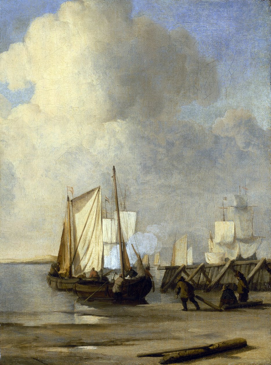 Eine Kaag am Ufer, ein niederländisches Boot für die Binnenschifffahrt von Willem van de Velde the Younger