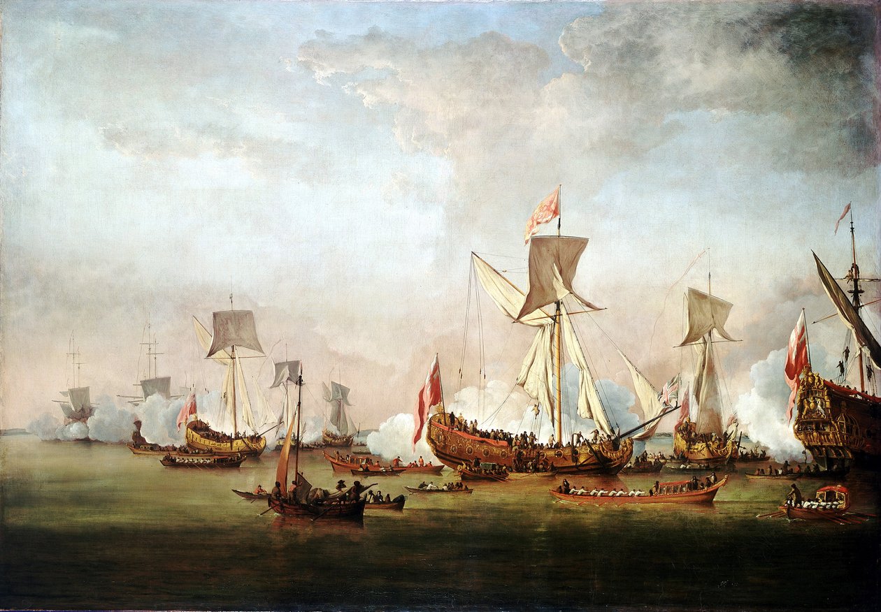Die Abreise von Prinz Wilhelm von Oranien (oder Wilhelm von England) (1650-1702) und Prinzessin Maria II. (1662-1694) auf eine Hochzeitsreise nach Holland, 19. November von Willem van de Velde the Younger