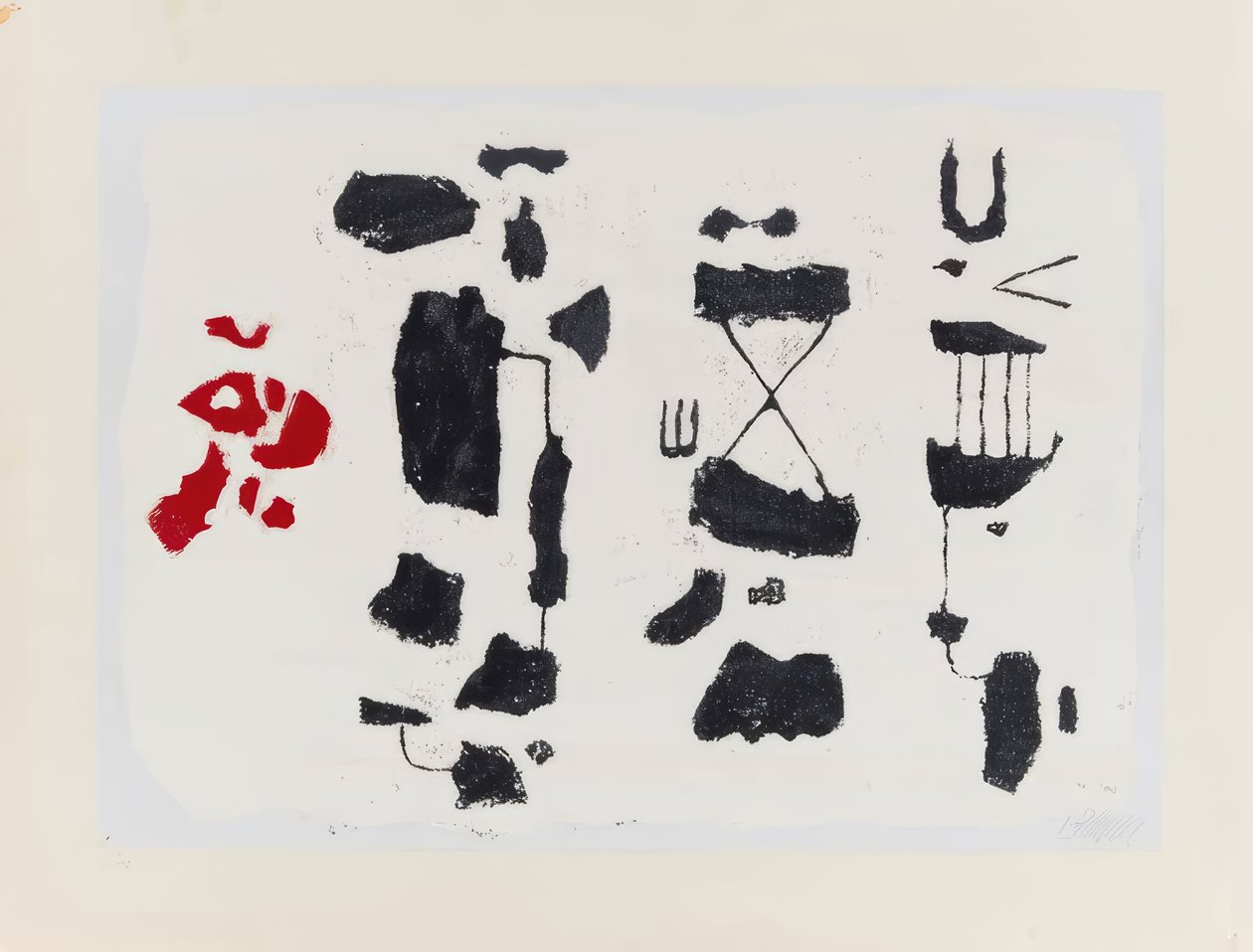 Schwarze Zeichen - Schwarze Figuren mit roter Form von Willi Baumeister