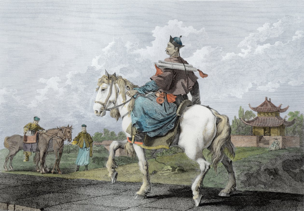 Ein Quan oder Mandarin, der einen Brief des Kaisers von China überbringt, graviert von Wilson, veröffentlicht von G. Nicol, 1796 (spätere Kolorierung) von William Alexander