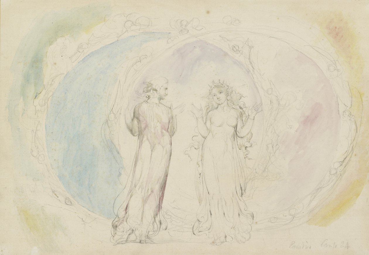 Beatrice und Dante in Gemini, inmitten von Flammenkugeln, Illustration zur 