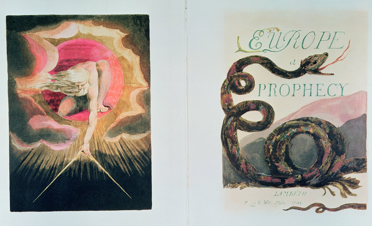 Europa eine Prophezeiung; von links nach rechts Frontispiz und Titelseite; Gott erschafft das Universum (Die Schöpfung der materiellen Welt durch Jehova in der Gestalt von Urizen, der Verkörperung der fantasielosen Vernunft) von William Blake