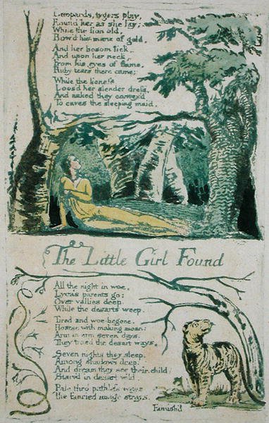 Das kleine Mädchen verloren und Leoparden, Tiger spielen..., und Das kleine Mädchen gefunden, Platte 20 aus Lieder der Unschuld, 1789 von William Blake