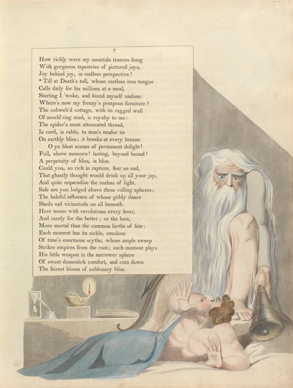 Youngs Nachtgedanken, Seite 7, Bis zum Todesläuten, dessen rastlose eiserne Zunge von William Blake