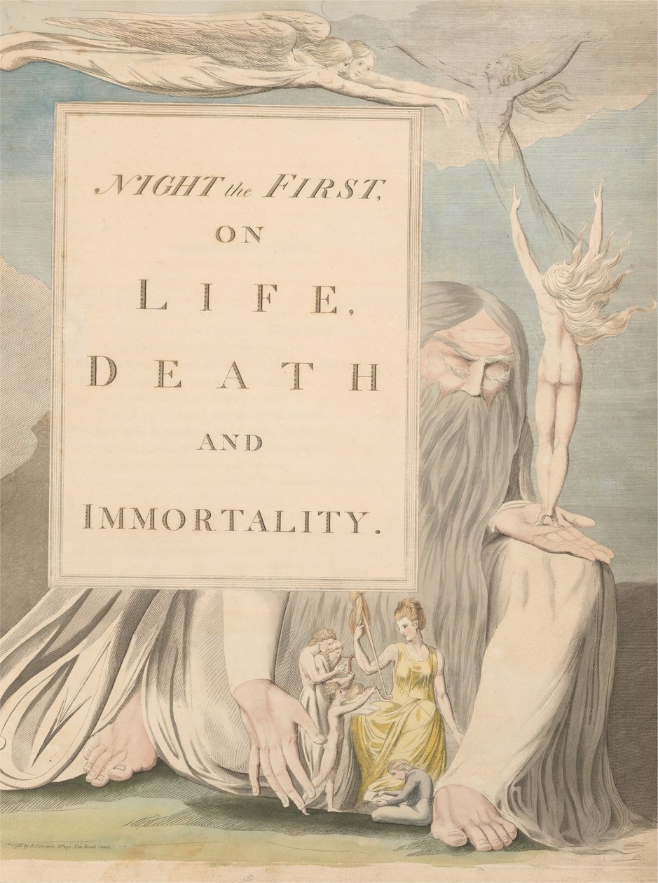 Youngs Nachtgedanken, Titelseite, Nacht die Erste, über Leben, Tod und Unsterblichkeit von William Blake