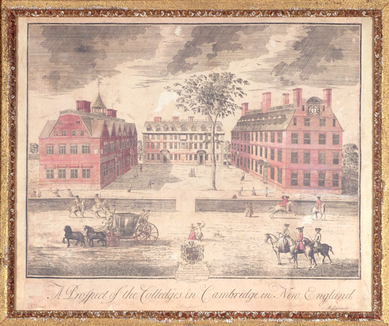 Eine Aussicht auf die Colleges in Cambridge in Neuengland, Gravur zugeschrieben John Harris, 1726 von William Burgis