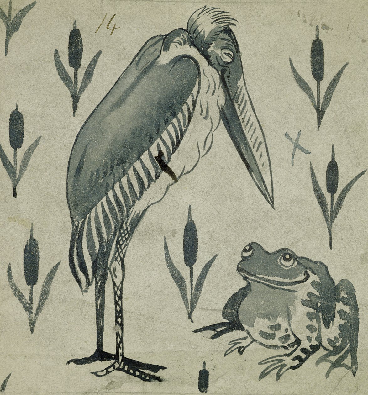 Ein Pelikan und ein Frosch im Gespräch von William de Morgan