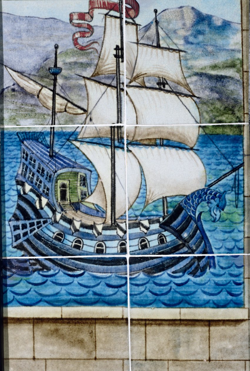 Sechs Fliesen, die eine Galeone darstellen (Keramik) von William de Morgan