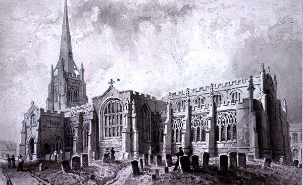 St. Johannes der Täufer, Thaxted, Essex, Blick von Südwesten von William Henry Bartlett