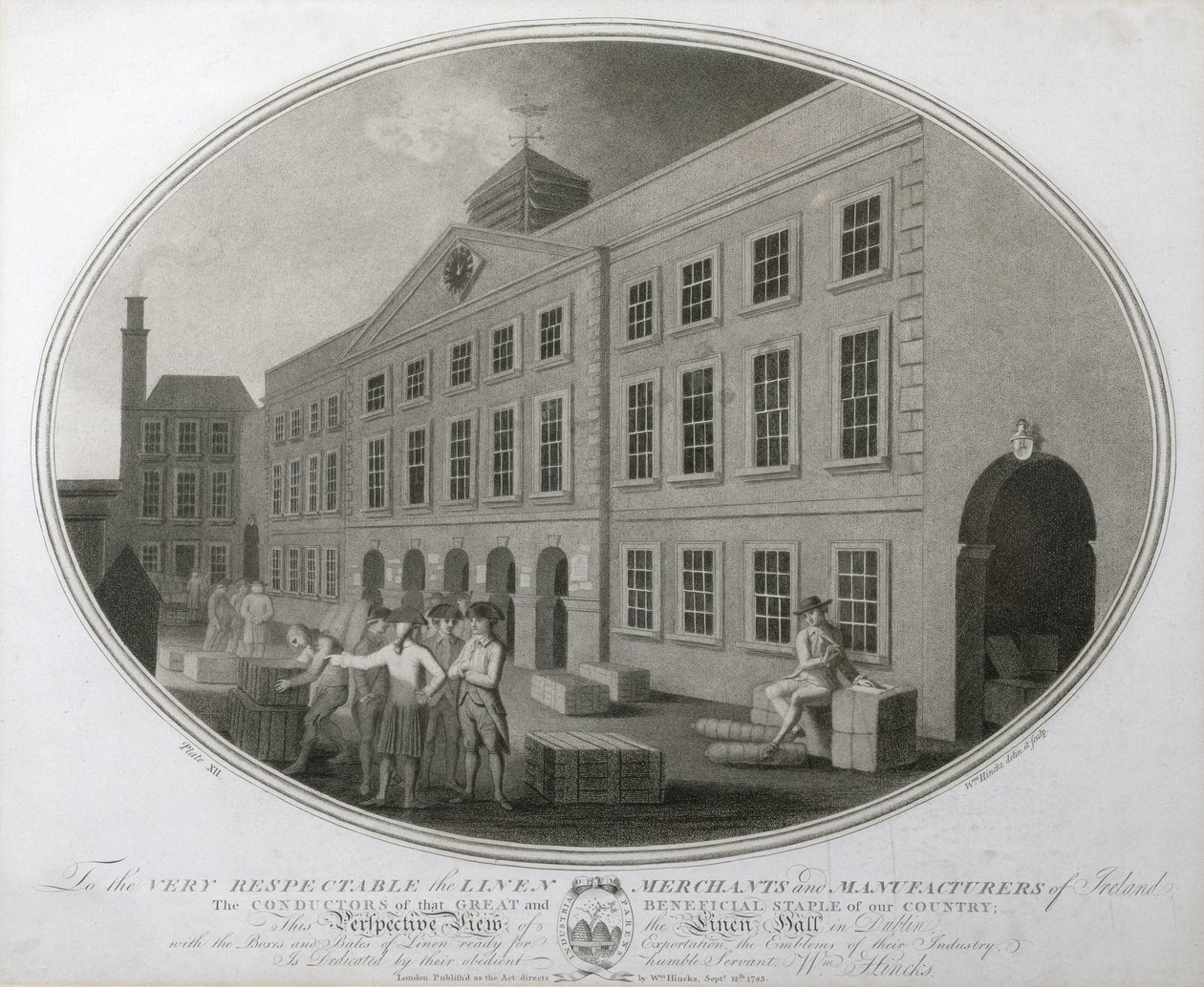 Eine perspektivische Ansicht der Leinenhalle in Dublin, Platte XII der Leinenmanufaktur von Irland, 1783 von William Hincks