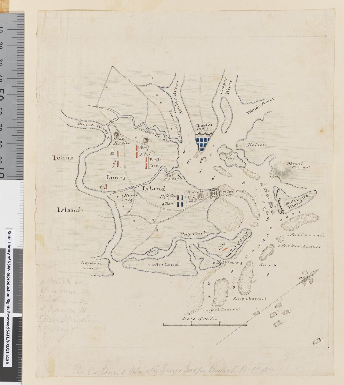 Seite 37b Karte von Charlestown und Zustand der Königstruppen, 11. März 1780 von William Hodges