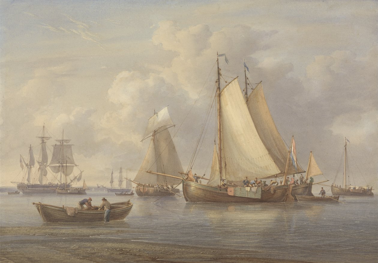 Niederländische Fischerboote vor Anker in einer Mündung, ca. 1850-60 von William Joy
