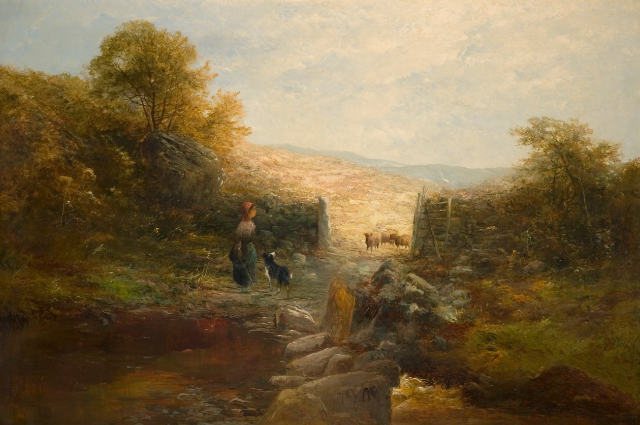 Hirtin mit Schafen von William Linnell