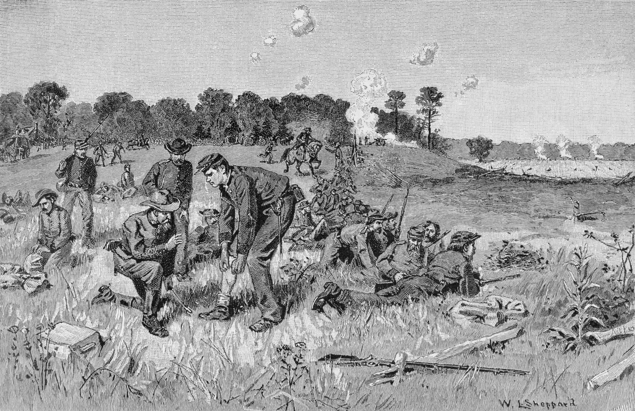Konföderierte Linie wartet auf Befehle in der Wildnis, Illustration aus 
