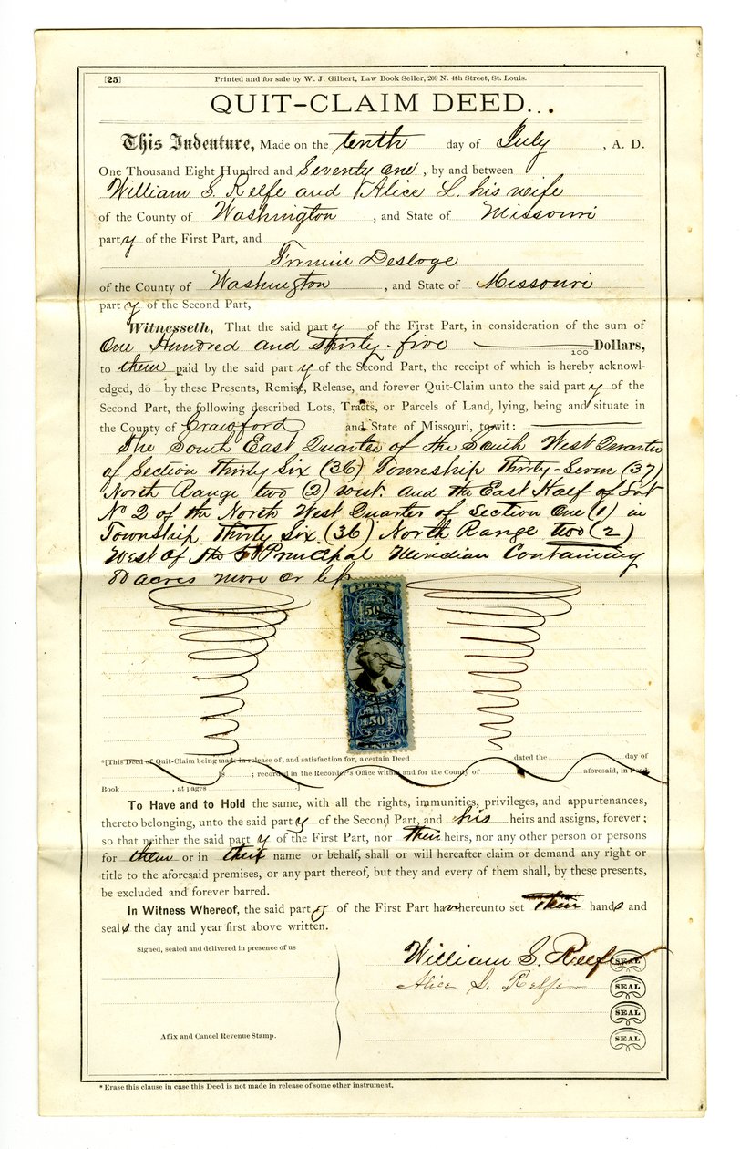 Verzichtserklärung unterzeichnet von William S. Reefe und Alice L. Reefe aus Washington County, 10. Juli 1871 von William S. Reefe