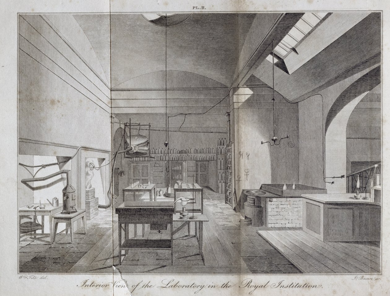 Innenansicht des Labors in der Royal Institution, graviert von James Basire (1796-1869) aus William Thomas Brandes A Manual of Chemistry, veröffentlicht 1819 von William Tite