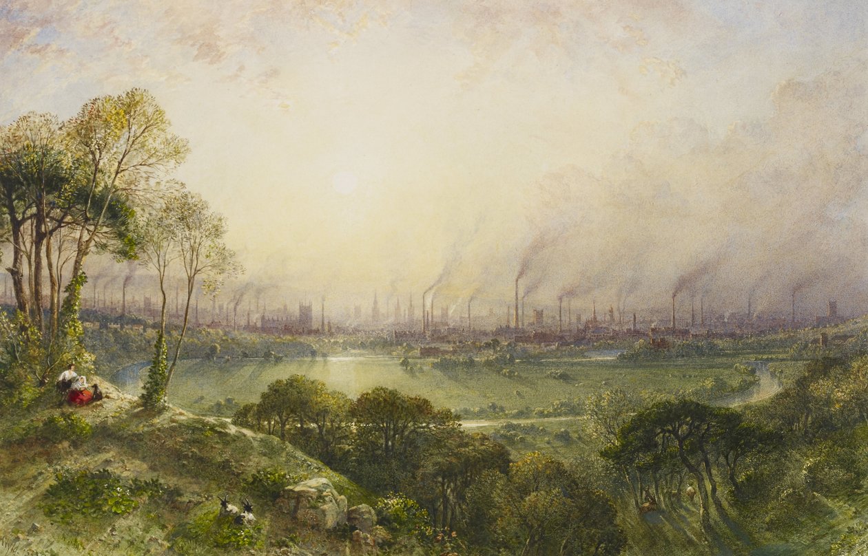 Manchester von Kersal Moor, mit rustikalen Figuren und Ziegen von William Wyld