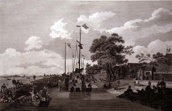 Ansicht des Pao-Yng-Sees, wo er durch einen Erddamm vom Großen Kanal getrennt ist, graviert von William und Elizabeth Ellis, veröffentlicht von G. Nicol von William (after) Alexander