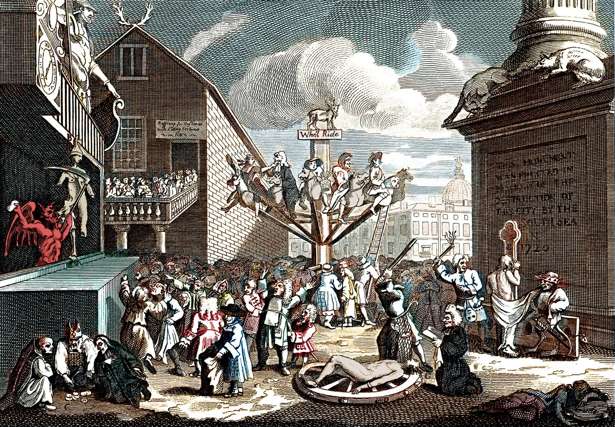 Emblematischer Druck des Südsee-Schemas von William (after) Hogarth