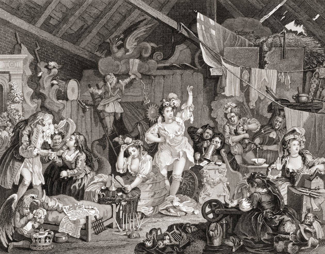 Umherziehende Schauspieler proben in einer Scheune, graviert von G. Presbury, aus The Works of Hogarth, veröffentlicht London 1833 (s/w Gravur) von William (after) Hogarth